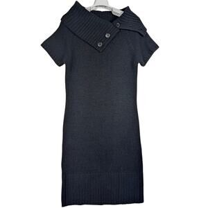 Ambiance Apparel Sweater Dress Black Ribbed Button Neck Women’s Size L USED